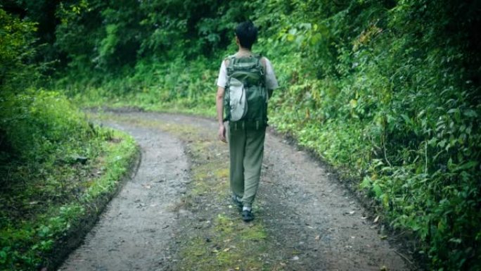 在林道行走的男子的后视图