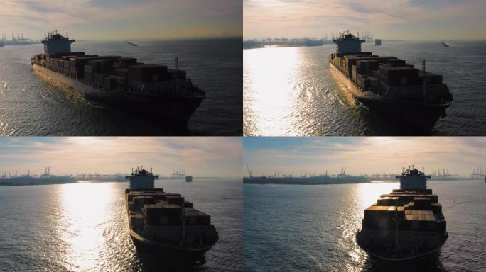 鸟瞰图剪影船货柜海运码头港口轮船外贸易运