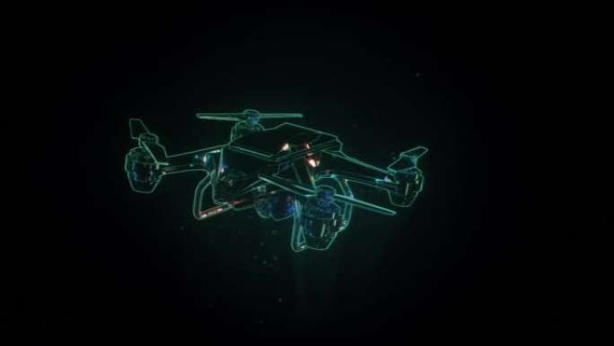 黑色背景上的四轴飞行器无人机投影全息图