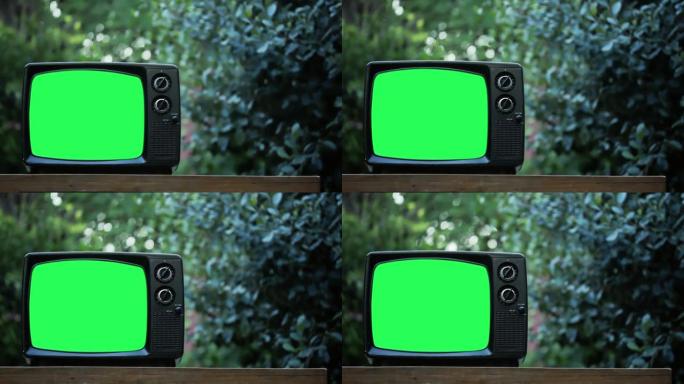 户外绿屏老式电视机。放大。4k分辨率。