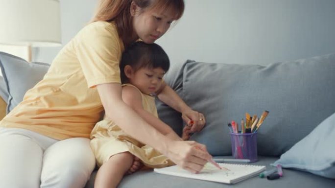 快乐快乐的亚洲家庭妈妈教女孩绘画使用相册和彩色铅笔在家里客厅的沙发上放松。