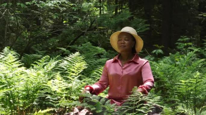 绿色自然树木景观中一名女性的和平放松健康生活方式健康肖像