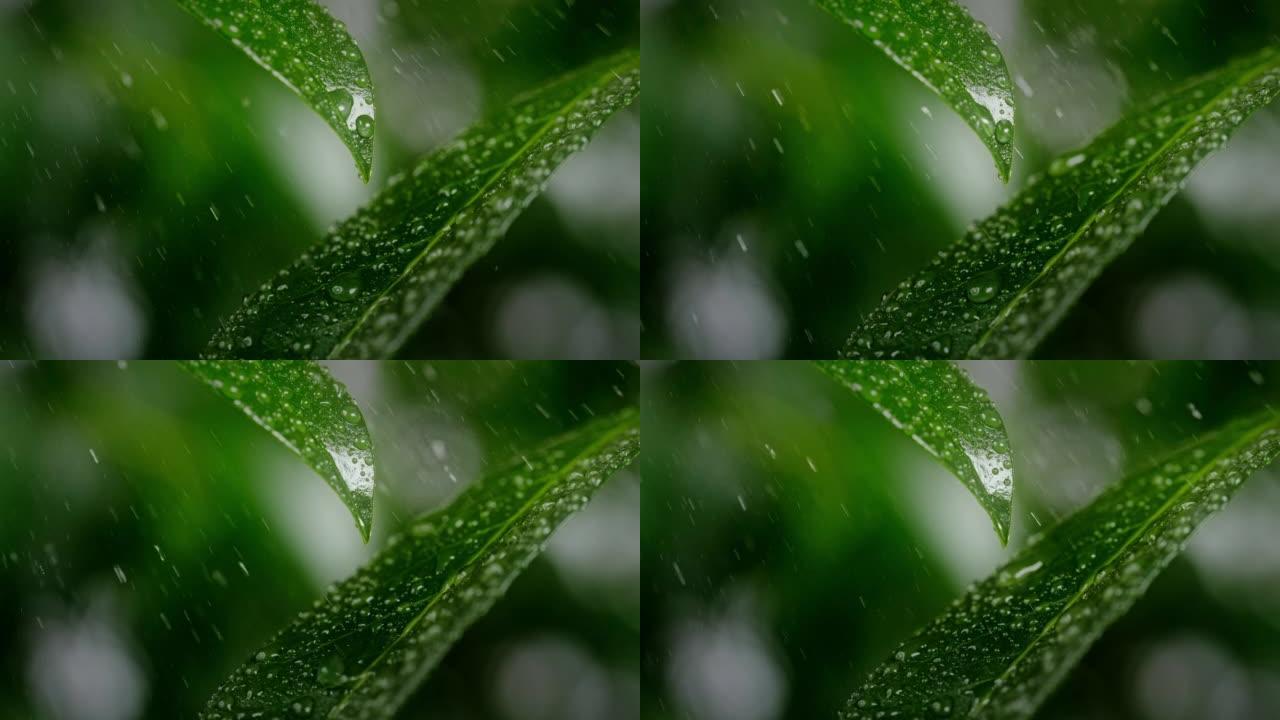 超级SLO MO雨滴喷出绿叶