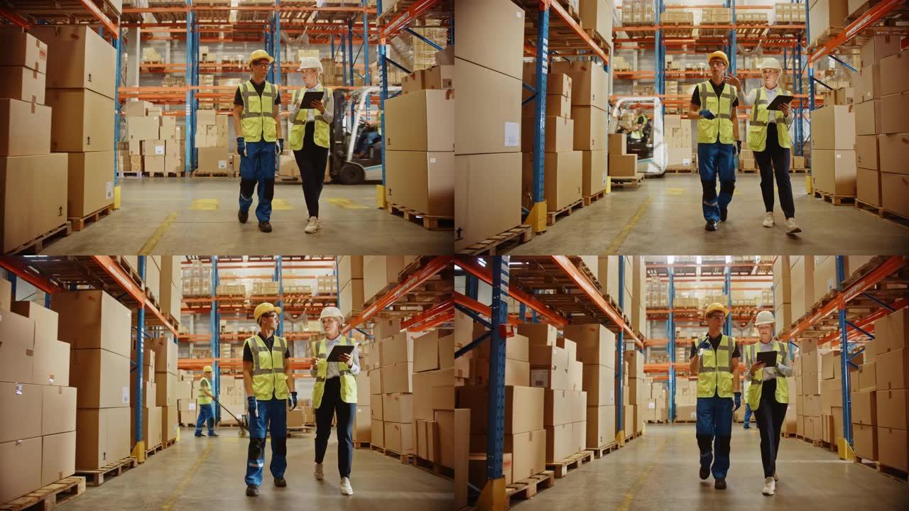 摆满货架的零售仓库，纸箱里装着货物，男工女主管拿着数码平板电脑一边扫描包裹一边讨论产品发货; 配送物