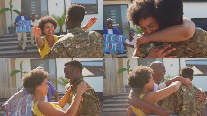 几代人的家庭，父母和妻子在房子外面用横幅和标语欢迎休假的军人回家，他拥抱妻子——慢镜头拍摄