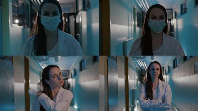 一名年轻女医生在医院走廊上摘下口罩的SLO MO肖像
