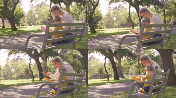 家庭，孩子和公园长椅，而母子俩坐在一起看书，在夏天放松，学习和享受大自然的乐趣。女人和男孩分享纽带和