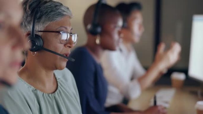 高级代理面孔，呼叫中心和与客户通话的女性，与我们联系并进行CRM沟通。通过耳机提供客户服务，电话营销