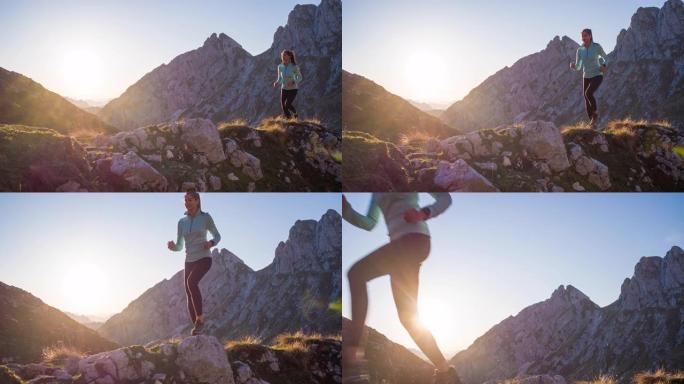 有身体意识的女运动员在山区自然户外跑步