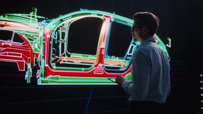 创新的绿色能源启动: 工程师使用平板电脑和大屏幕分析原型设计电动汽车。可持续环保零排放汽车概念