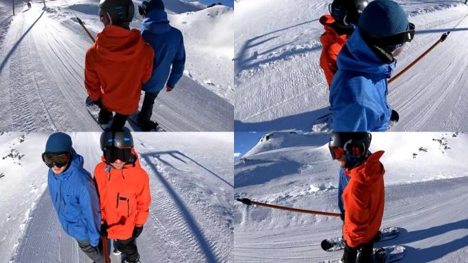 滑雪者骑着地面滑雪板在滑雪胜地的斜坡上抬起
