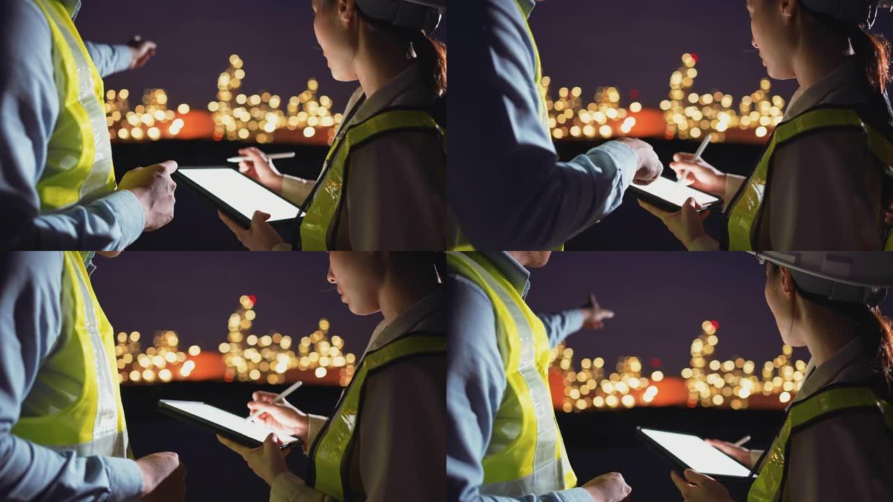 两名检查工程师在夜间与石油工厂和天然气精炼厂行业的笔记本电脑一起工作，以进行检查员安全质量控制
