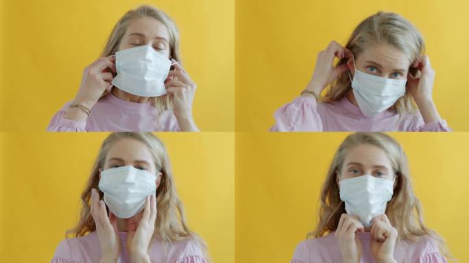 新型冠状病毒肺炎大流行期间欢快的年轻女子跳舞和戴上医用口罩的肖像
