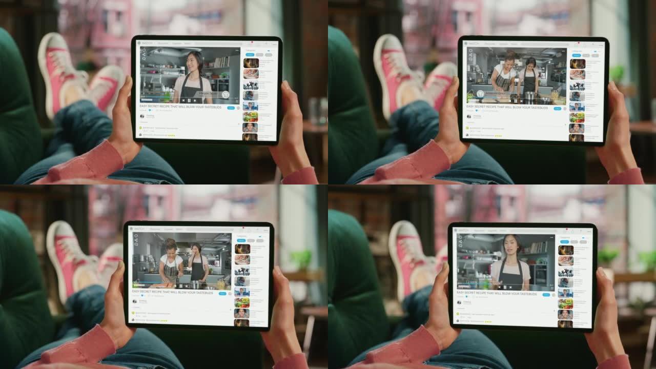 通过视频共享服务社交媒体在平板电脑上观看电视烹饪节目蒙太奇的女人。餐厅厨房与女厨师交谈，准备健康餐。