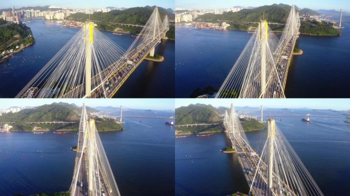 汀九桥鸟瞰图。悬挂建筑结构的香港高速公路