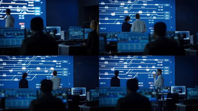 项目经理和计算机科学工程师在使用大屏幕显示基础设施信息图表和数据时交谈。电信控制监控室与工作人员