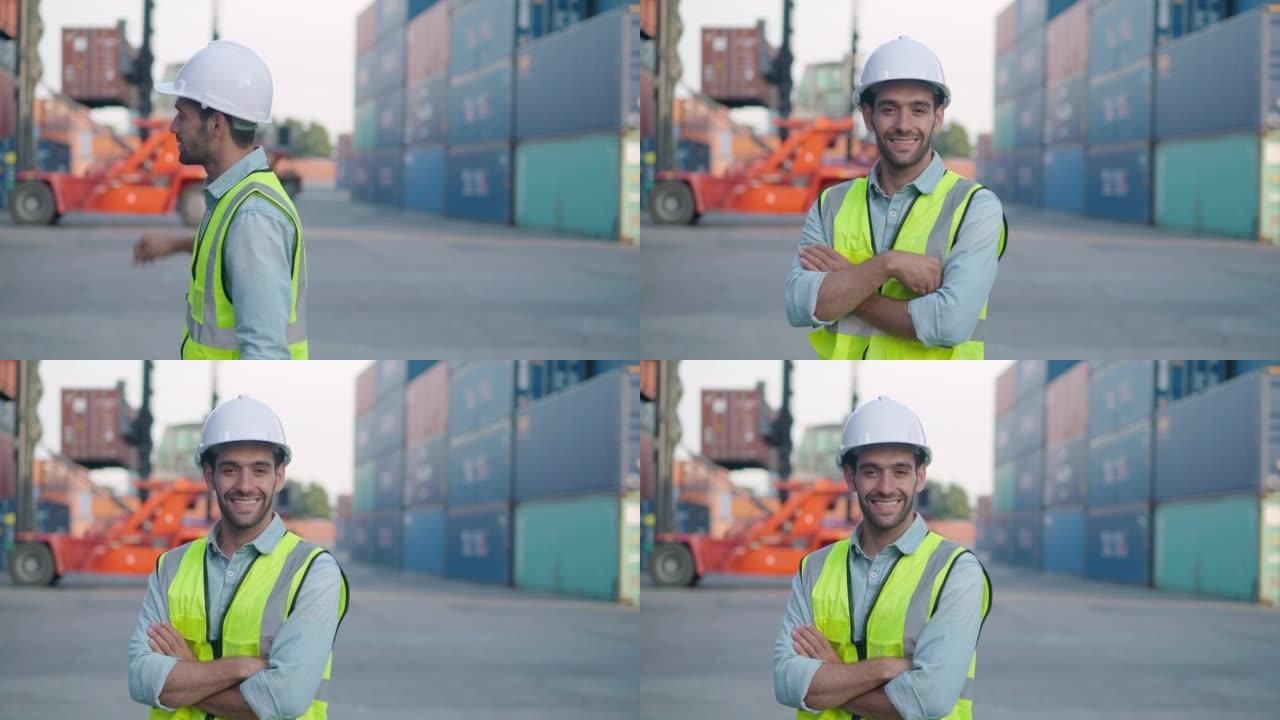 微笑的肖像中东族裔商人或25岁的男性工程师在商业运输背景下看着自信的相机。