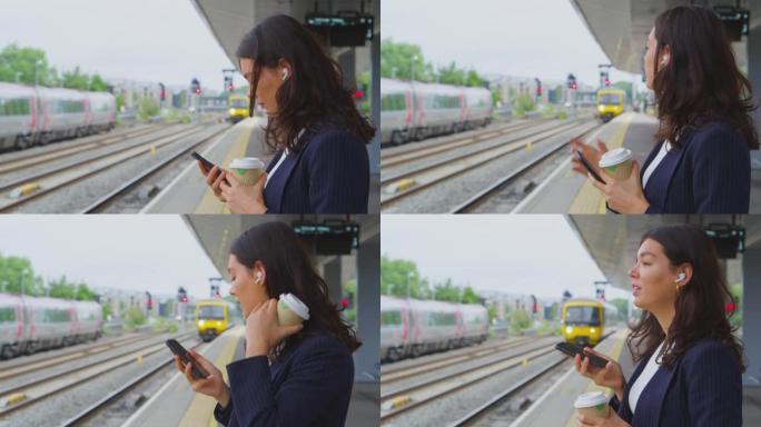 带着无线耳塞在火车站台上等待的女商人用手机接听电话