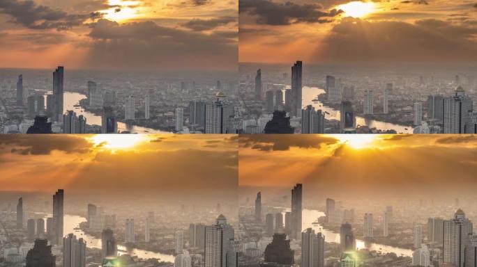 日落在曼谷大都会的湄南河上空移动的延时