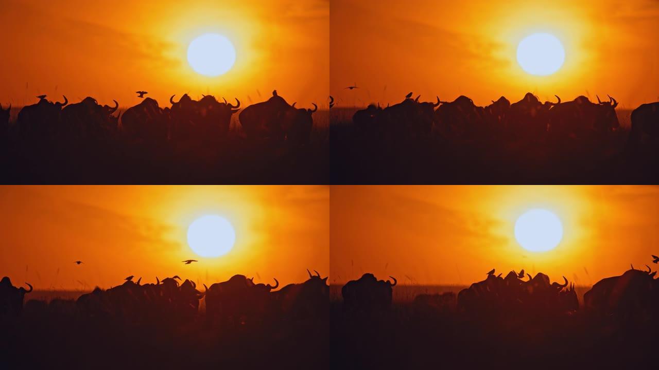剪影的牛羚在日出的天空中漫步在明亮的阳光下，背上有鸟