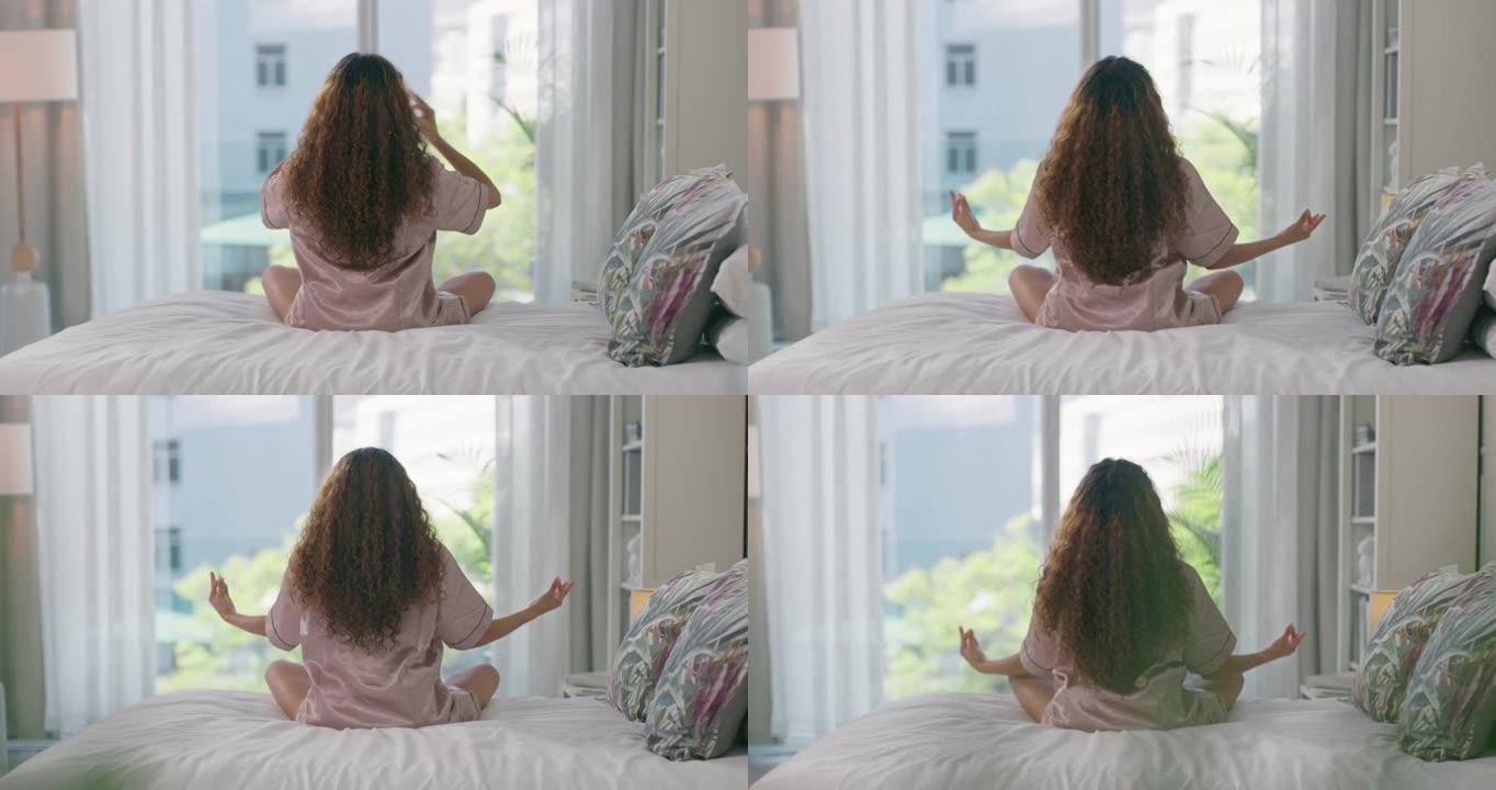 4k视频片段，一名妇女早上在家中在床上沉思