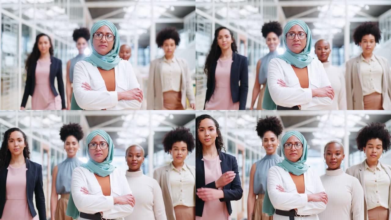 创意营销创业公司的团队领导、赋权和女性头巾。团队合作，多元化和自信的女性群体专注于广告业，走在办公室