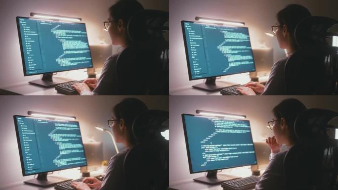 女开发人员在计算机上编写程序代码，程序员在家庭办公室工作