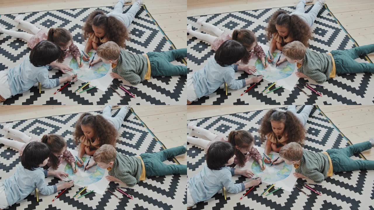 儿童躺在地毯和着色图片