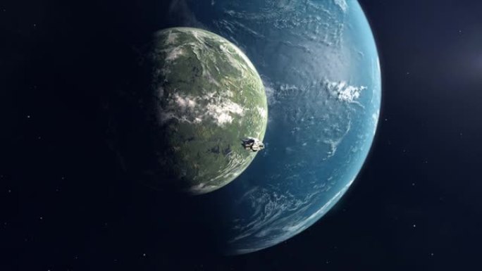 郁郁葱葱的绿色月亮环绕海洋超级地球-宇宙飞船接近