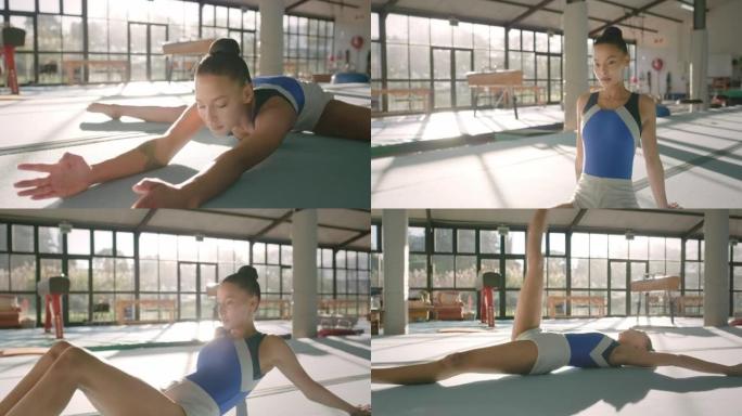 女人在健身房锻炼，训练和锻炼健身，瑜伽和体操。年轻，健康和女性体操运动员伸展，运动和放松以进行比赛，