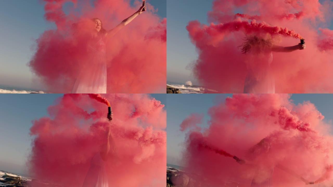 女人在日出时在海滩上与粉红色烟雾弹跳舞，用俏皮的舞蹈旋转慢动作庆祝创意自由