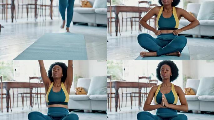 黑人妇女做冥想瑜伽，在地板上放运动垫，以便在早上在家或度假时放松。休息室里的非洲女士，做禅宗伸展和呼