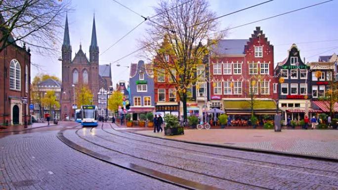 阿姆斯特丹.电车、教堂、典型建筑住宅建筑