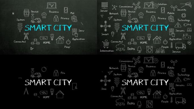 “智能城市” 的蓝色粉笔画和各种连接的工业革命4.0图标，4k动画。