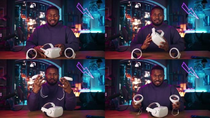 时尚的非洲裔美国男子录制了有关现代虚拟现实耳机的视频评论。年轻的黑人在社交媒体上的直播播客上解释新功