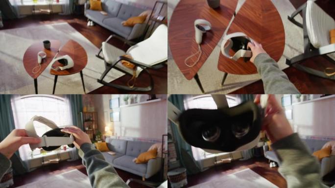 沉浸式视角拍摄的人戴上虚拟现实耳机在家玩虚拟现实视频游戏。使用VR眼镜在Metaverse中获得乐趣