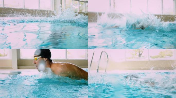 残疾截肢运动员蝶泳在室内游泳池游泳