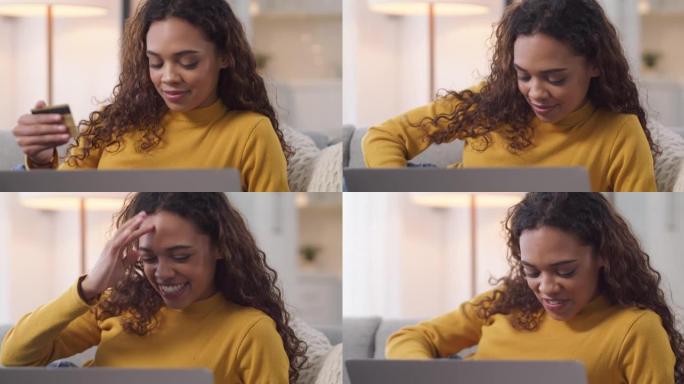 4k视频片段，一名年轻女子使用信用卡和数字平板电脑在家中庆祝