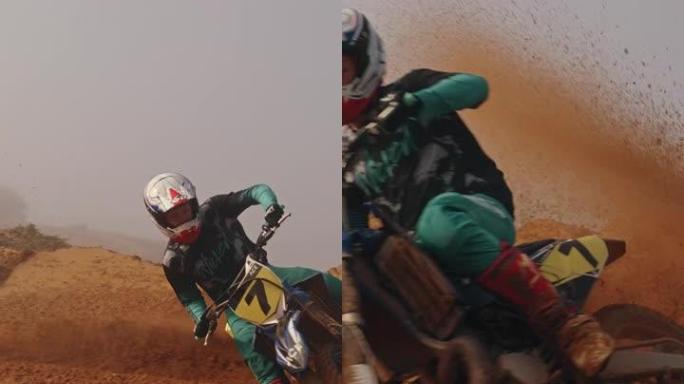 摩托，骑自行车和与一名运动男子在泥土追踪中比赛，骑着他的越野摩托车参加比赛。沙漠，沙滩和挑战，一名男