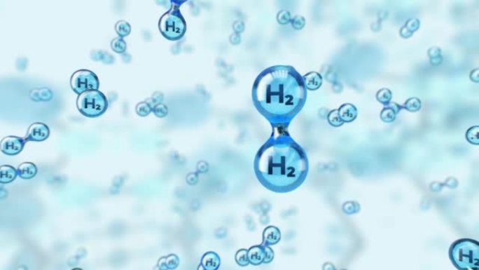 氢分子。我们移动到分子水平，然后飞向氢分子。绿色能源的轻概念。无碳。