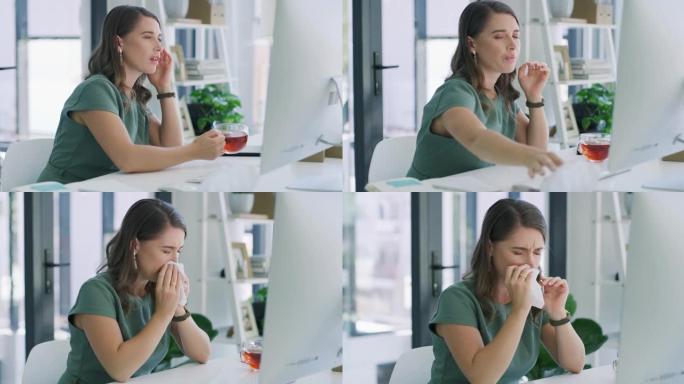 4k视频片段，一位年轻的女商人在现代办公室中使用计算机时喝茶并吹鼻子