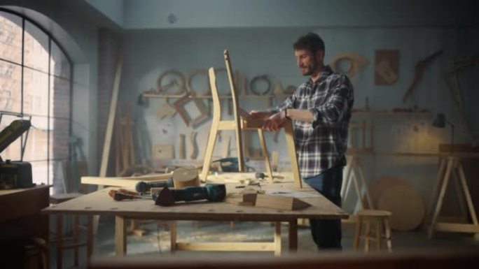 年轻的木匠正在阅读蓝图，并开始用橡皮锤组装木椅的零件。时尚的家具设计师在阁楼空间的工作室工作，墙壁上
