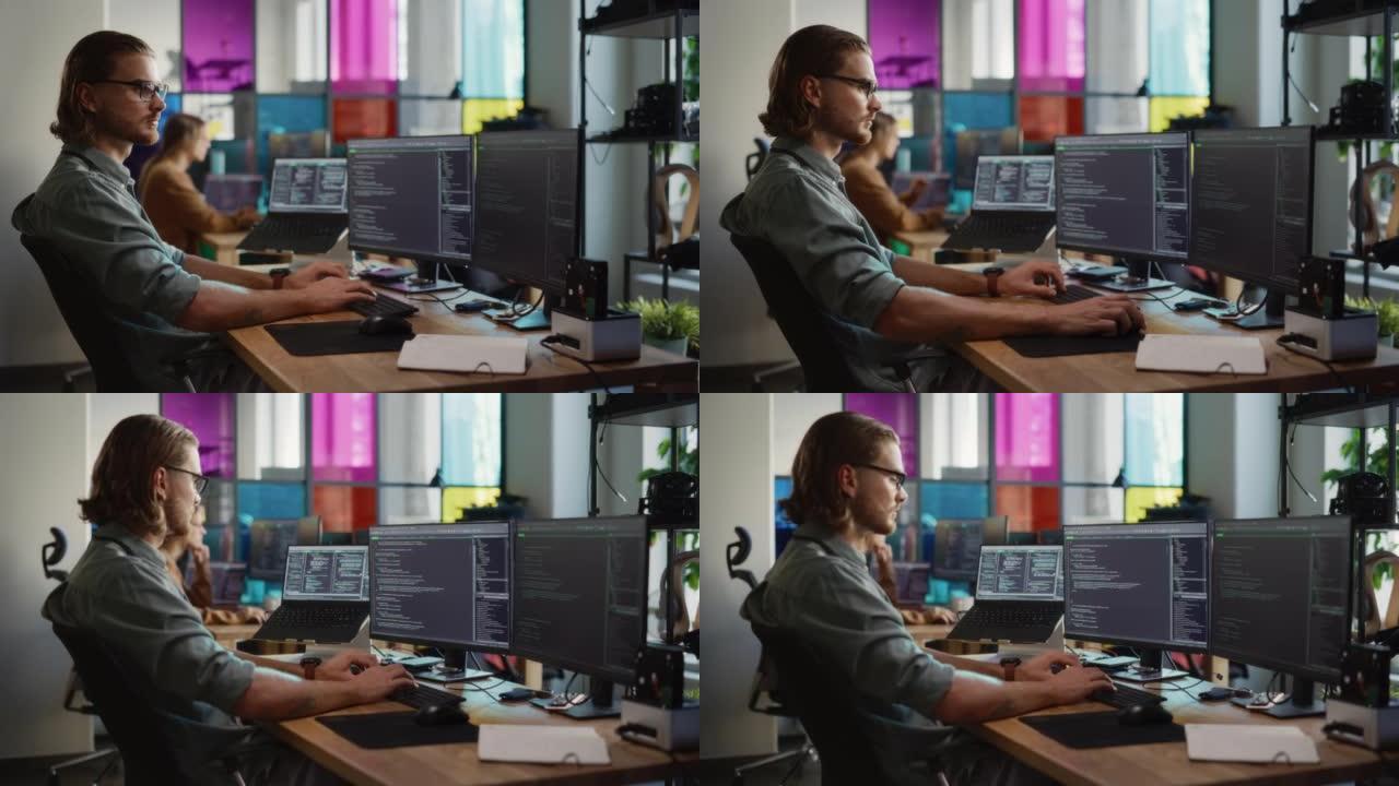 专业男性开发人员在具有两个显示器和一台笔记本电脑的台式计算机上编写代码。高加索人为大型科技公司编程人