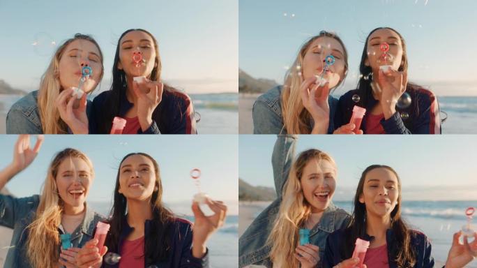 十几岁的女孩在日落时在海滩上吹泡泡最好的朋友玩得开心夏天在海边享受友谊