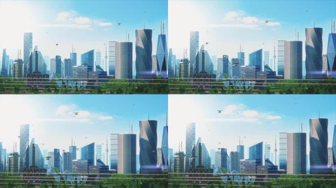 未来主义城市概念。充满活力的现代城市大都市的宽广镜头，创意摩天大楼配有银行、办公室、酒店、自主飞行器