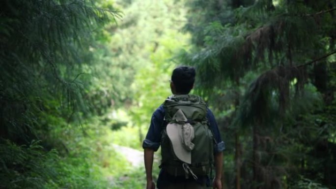 男子在森林徒步旅行