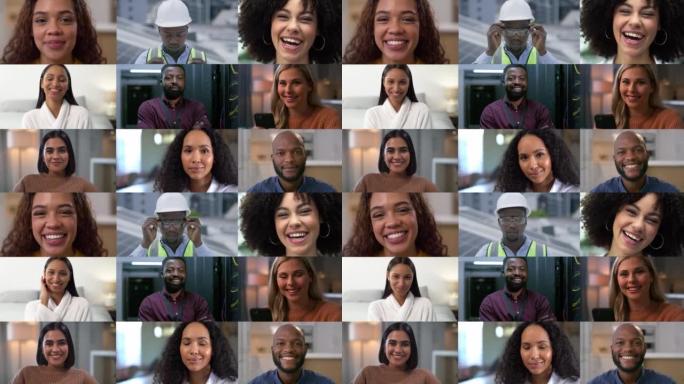 工作和家庭中不同年龄，种族和性别的人的多样性，拼贴和面孔。与国际，全球和不同种族的男人和女人微笑，看