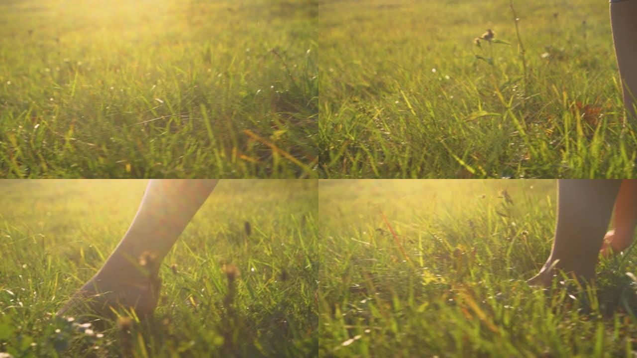 特写，低角度: 女性在金光下赤脚在草地上踱步