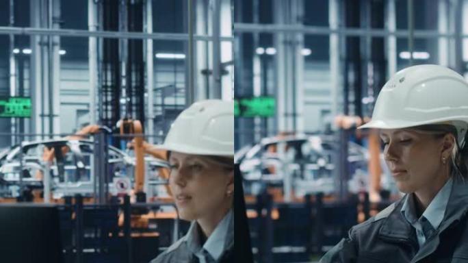 垂直屏幕。汽车厂: 从事计算机工作的女技术员。监控，设备生产。自动机械臂装配线制造电动汽车