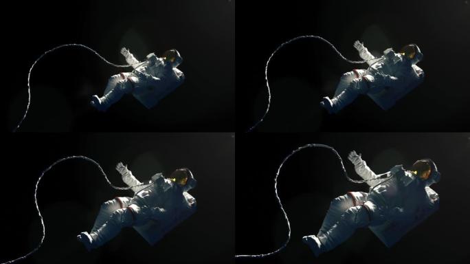 在黑色背景上的白色太空服中悬停太空人，并带有复制空间